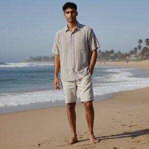 Forsyth Original Khaki's Striped Seersucker Button Down Shirt Men's L #230D